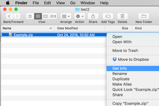 Select "Get Info" from the right-click context menu of a .zip file in Finder view